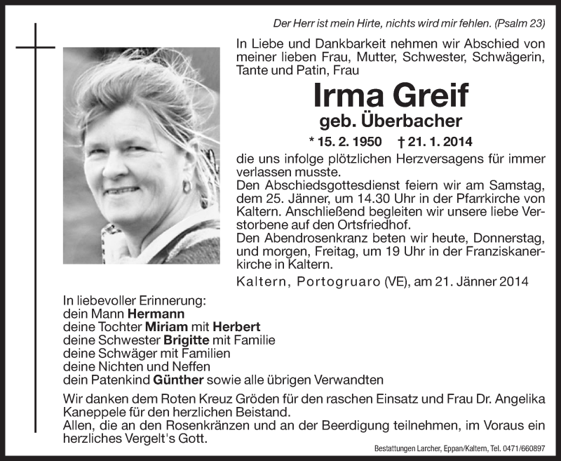  Traueranzeige für Irma Greif vom 23.01.2014 aus Dolomiten