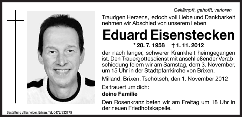  Traueranzeige für Eduard Eisenstecken vom 02.11.2012 aus Dolomiten