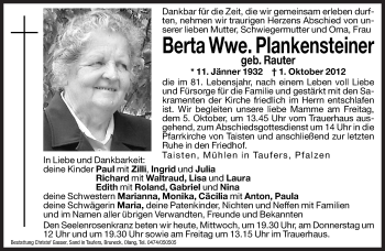 Traueranzeige von Berta Plankensteiner von Dolomiten