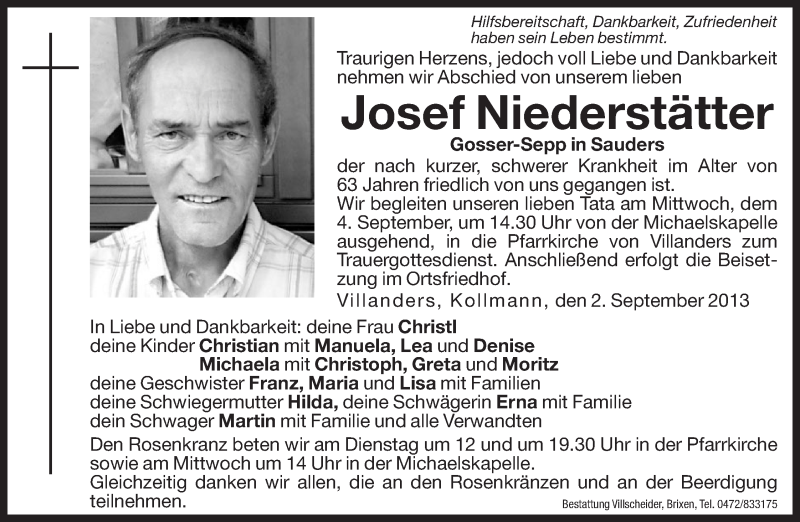  Traueranzeige für Josef Niederstätter vom 03.09.2013 aus Dolomiten