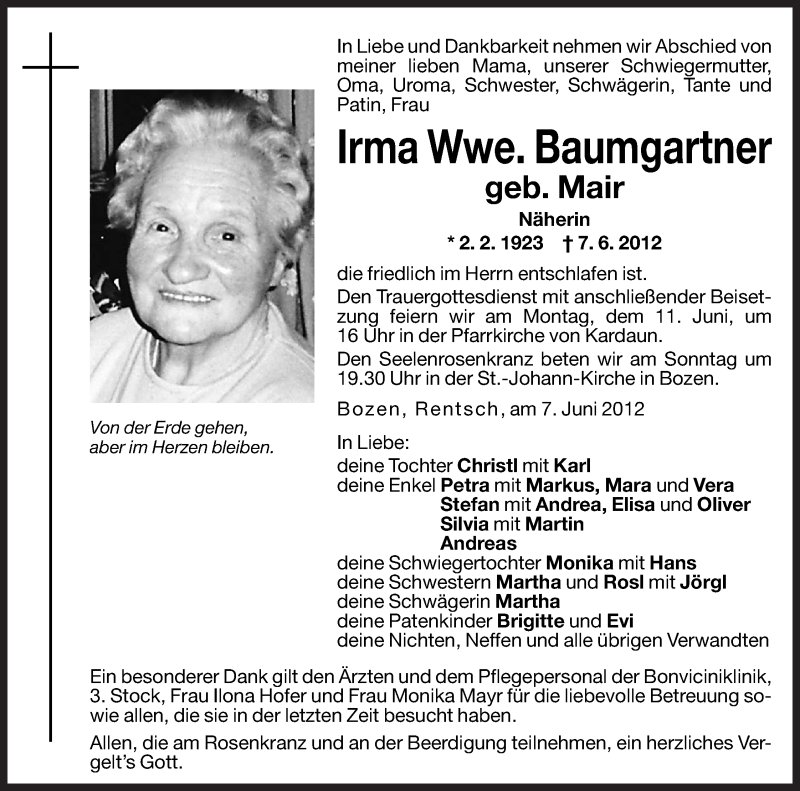  Traueranzeige für Irma Baumgartner vom 09.06.2012 aus Dolomiten