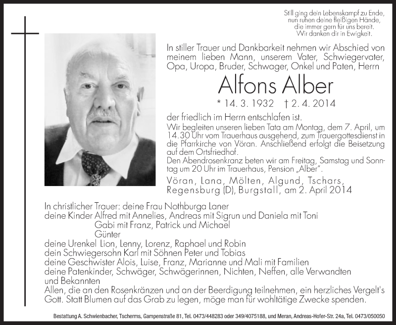 Traueranzeige für Alfons Alber vom 04.04.2014 aus Dolomiten