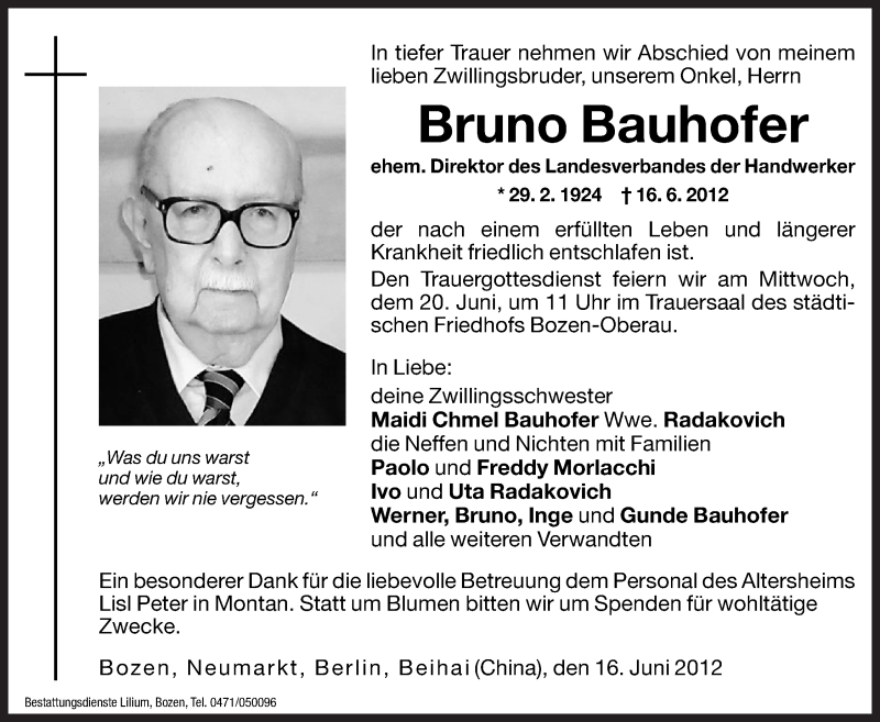  Traueranzeige für Bruno Bauhofer vom 19.06.2012 aus Dolomiten
