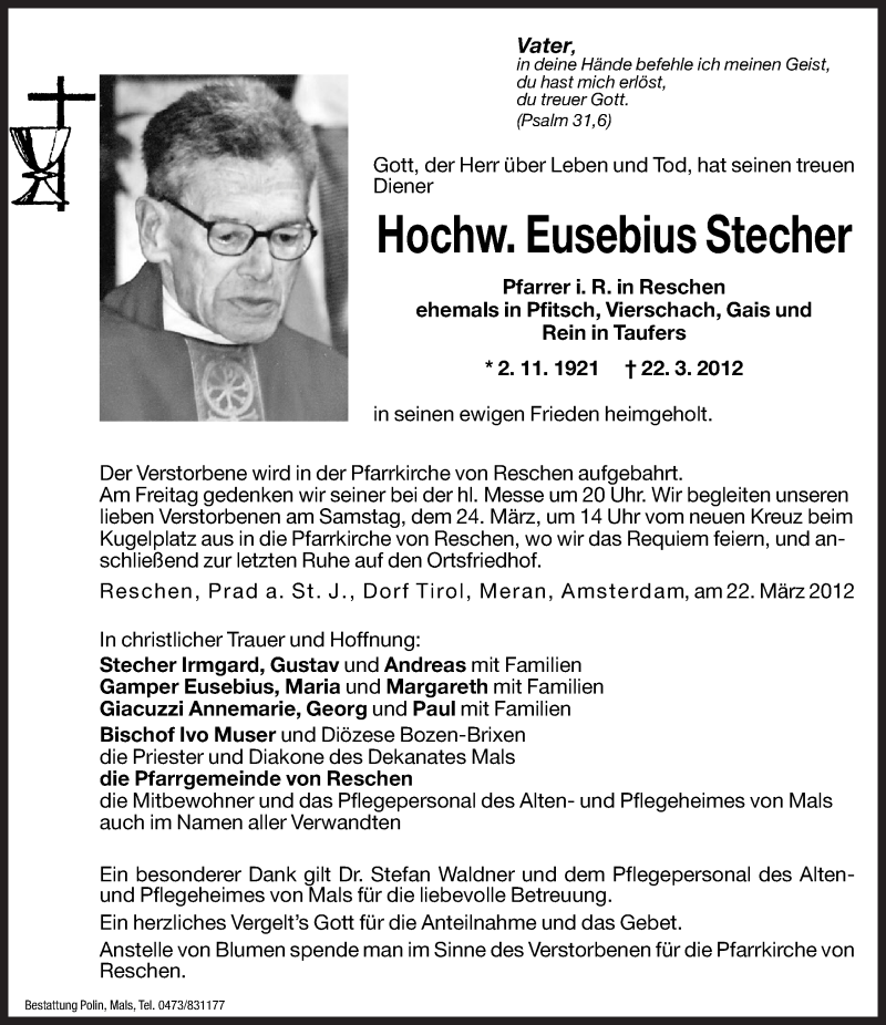  Traueranzeige für Eusebius Stecher vom 23.03.2012 aus Dolomiten