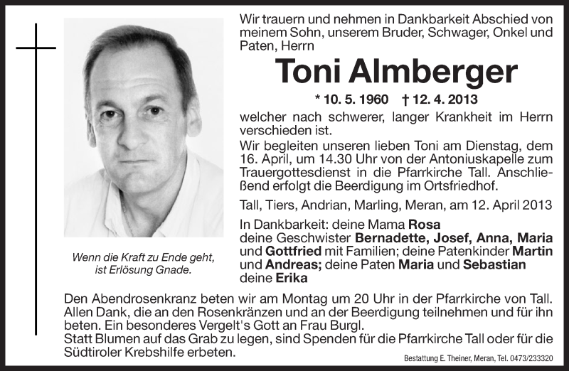  Traueranzeige für Toni Almberger vom 15.04.2013 aus Dolomiten