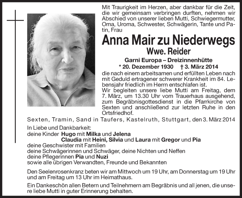  Traueranzeige für Anna Reider vom 05.03.2014 aus Dolomiten