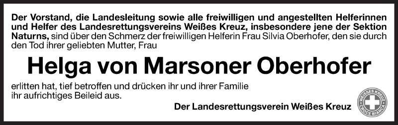  Traueranzeige für Helga von Marsoner Oberhofer vom 24.11.2011 aus Dolomiten