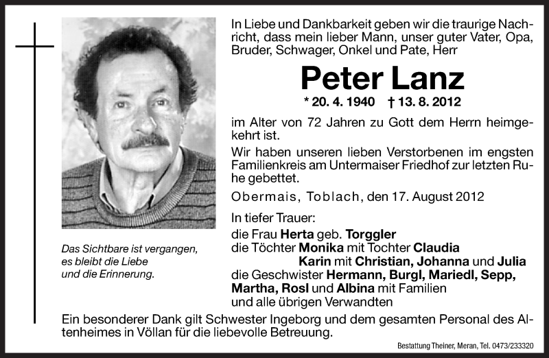  Traueranzeige für Peter Lanz vom 17.08.2012 aus Dolomiten