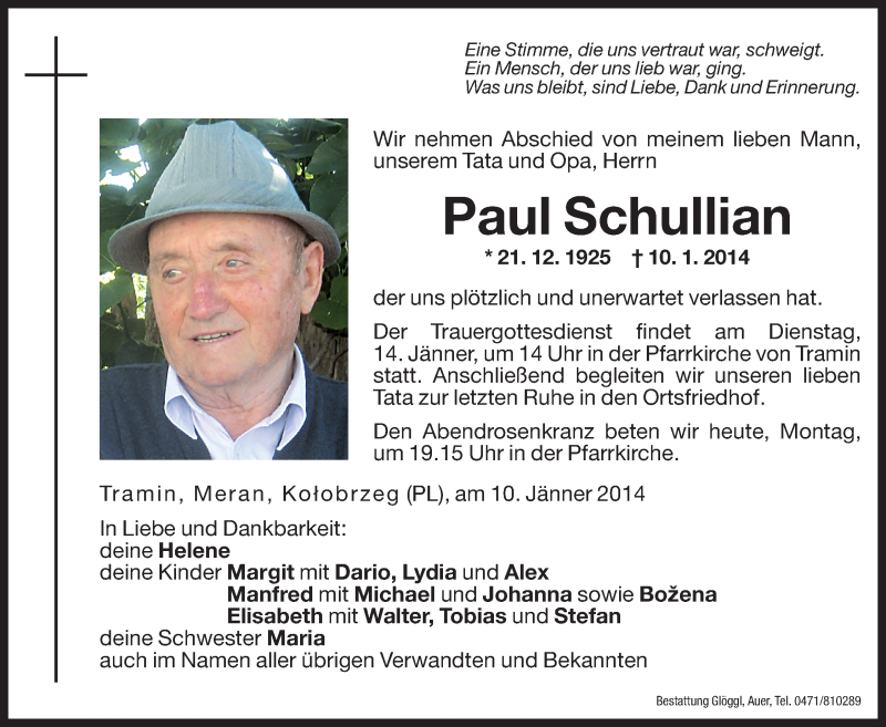  Traueranzeige für Paul Schullian vom 13.01.2014 aus Dolomiten