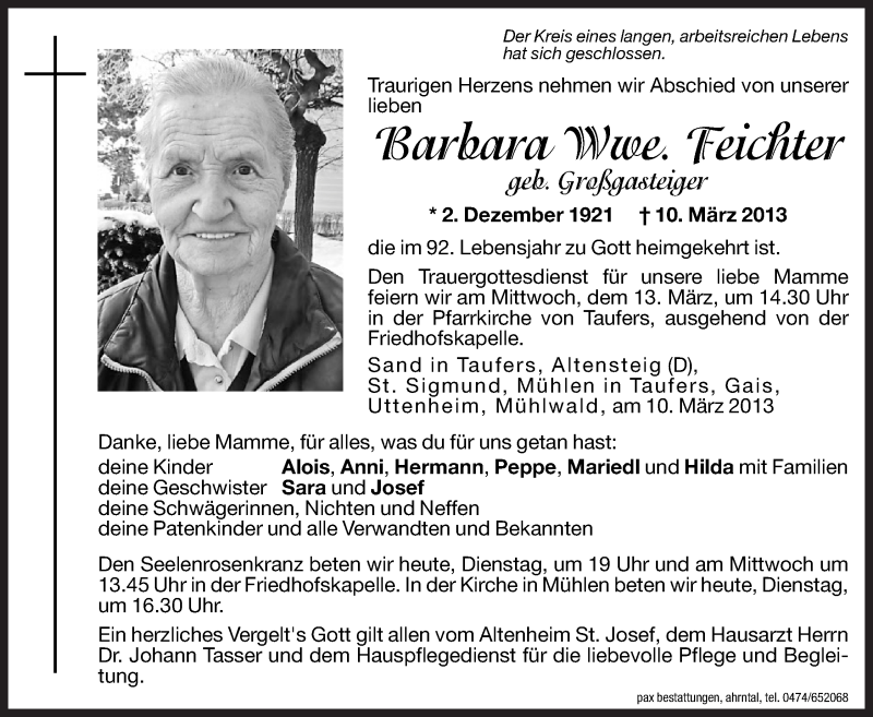  Traueranzeige für Barbara Feichter vom 12.03.2013 aus Dolomiten