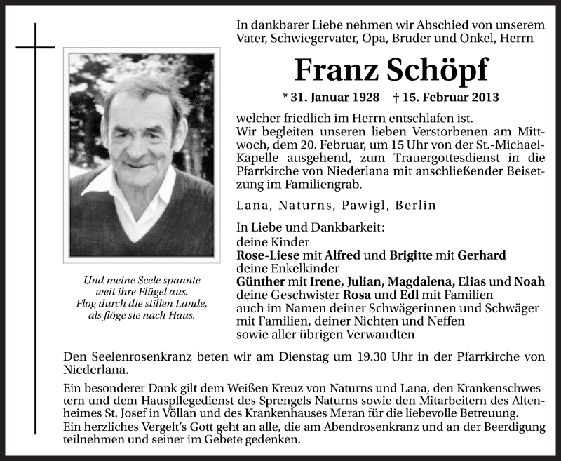  Traueranzeige für Franz Schöpf vom 18.02.2013 aus Dolomiten