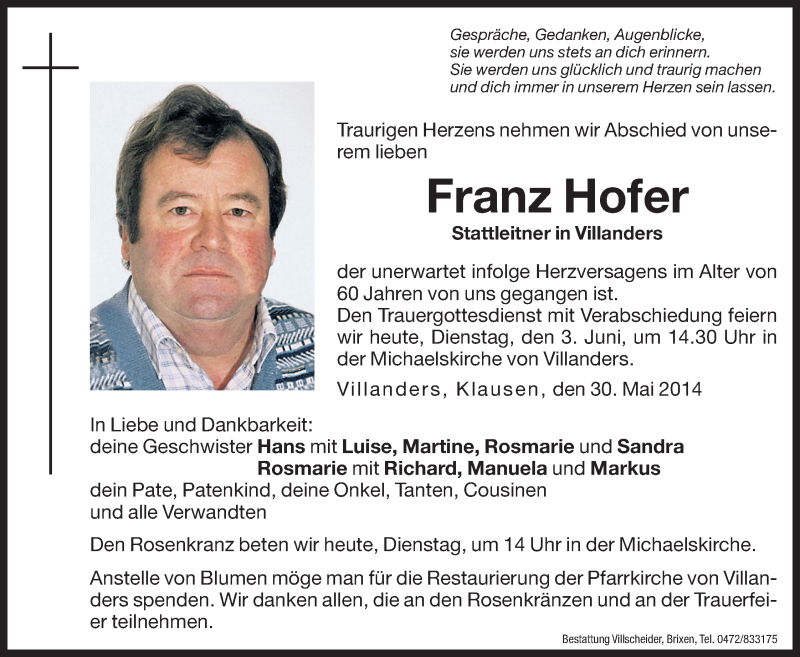  Traueranzeige für Franz Hofer vom 03.06.2014 aus Dolomiten