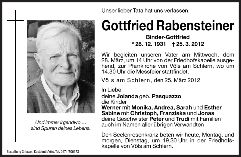  Traueranzeige für Gottfried Rabensteiner vom 26.03.2012 aus Dolomiten