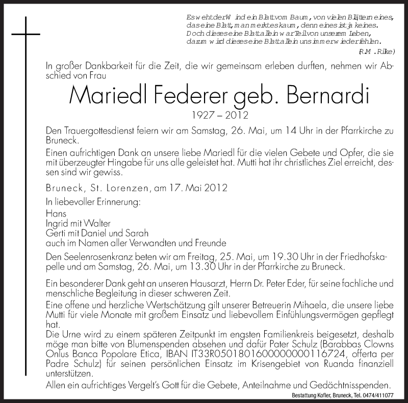  Traueranzeige für Mariedl Federer vom 25.05.2012 aus Dolomiten