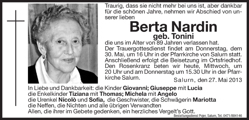  Traueranzeige für Berta Nardin vom 29.05.2013 aus Dolomiten