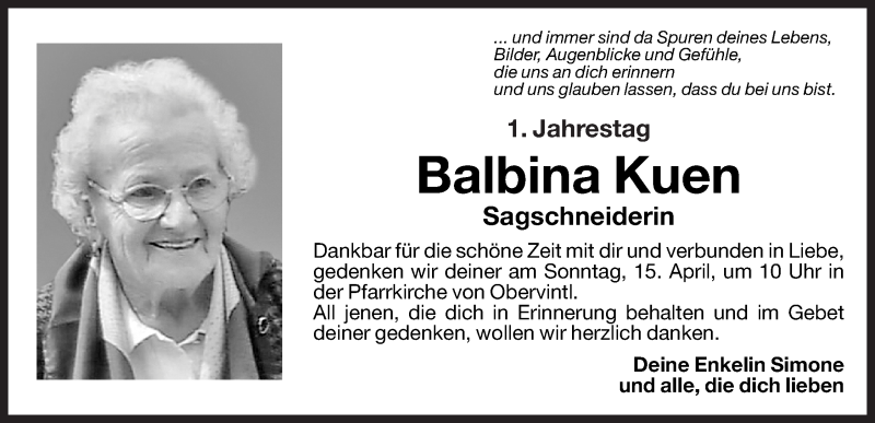  Traueranzeige für Balbina Kuen vom 14.04.2012 aus Dolomiten