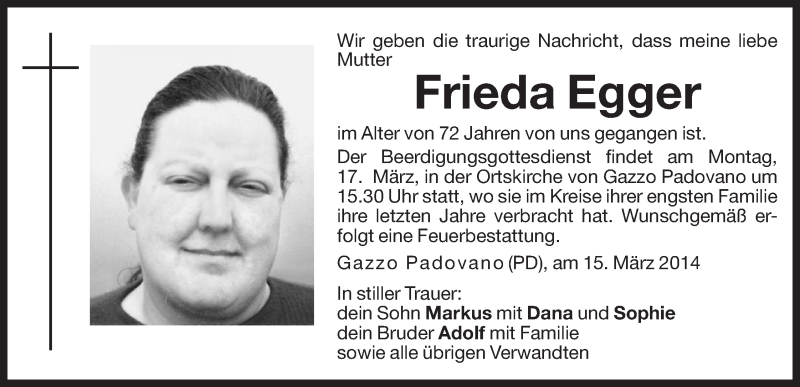  Traueranzeige für Frieda Egger vom 15.03.2014 aus Dolomiten