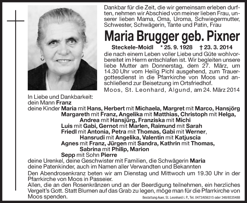  Traueranzeige für Maria Brugger vom 25.03.2014 aus Dolomiten