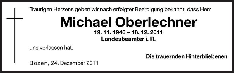  Traueranzeige für Michael Oberlechner vom 24.12.2011 aus Dolomiten