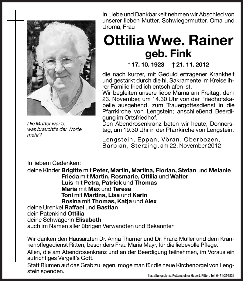  Traueranzeige für Ottilia Rainer vom 22.11.2012 aus Dolomiten