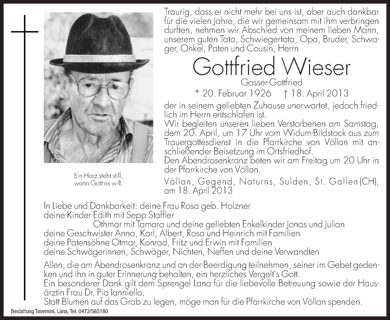  Traueranzeige für Gottfried Wieser vom 19.04.2013 aus Dolomiten