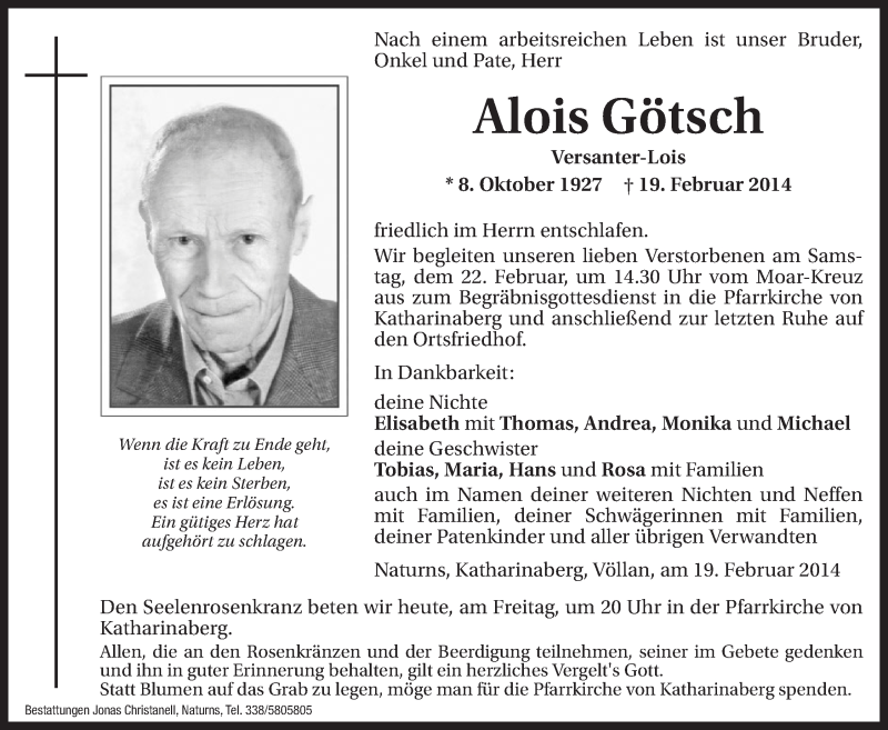  Traueranzeige für Alois Götsch vom 21.02.2014 aus Dolomiten