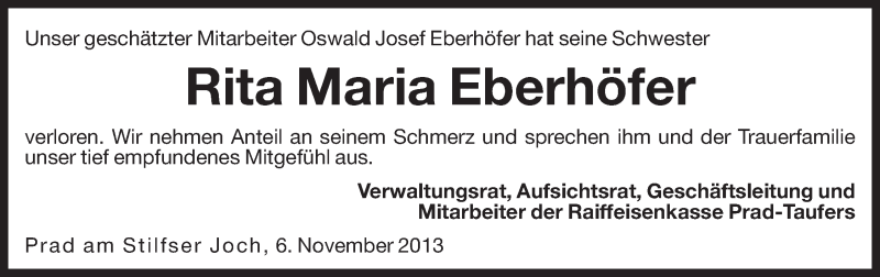  Traueranzeige für Rita Maria Telser vom 07.11.2013 aus Dolomiten