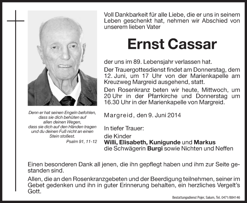  Traueranzeige für Ernst Cassar vom 11.06.2014 aus Dolomiten