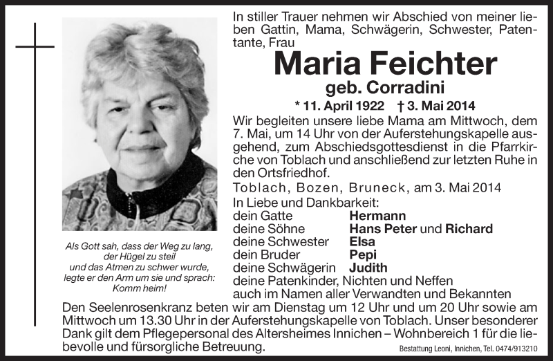  Traueranzeige für Maria Feichter vom 06.05.2014 aus Dolomiten