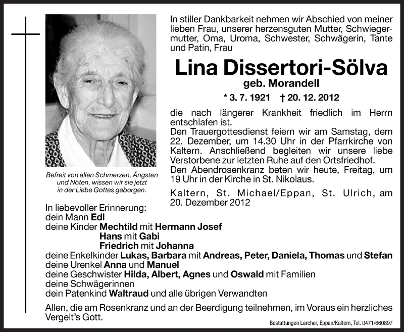  Traueranzeige für Lina Dissertori-Sölva vom 21.12.2012 aus Dolomiten