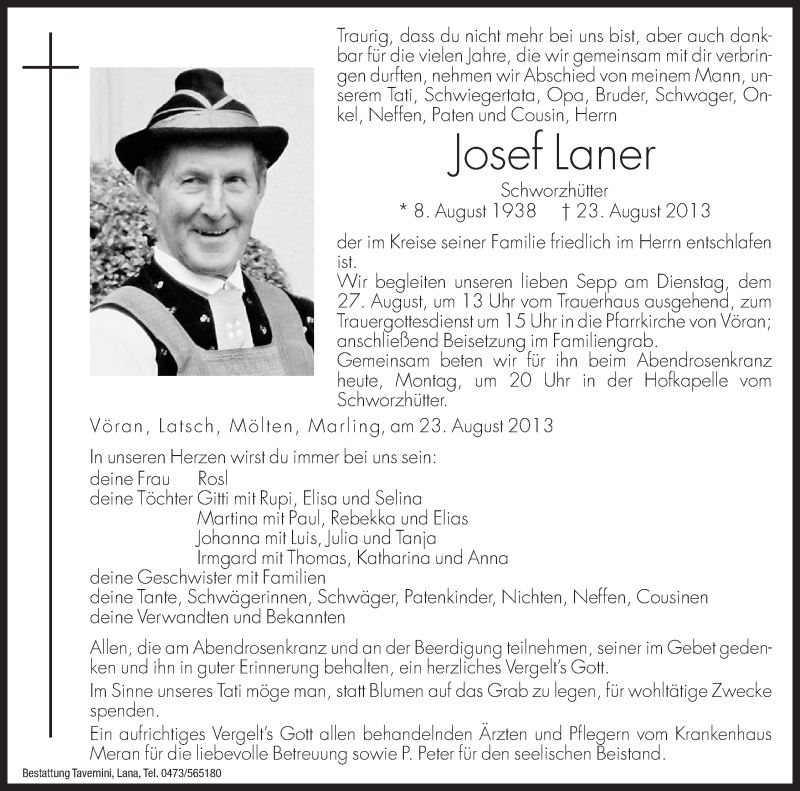  Traueranzeige für Josef Laner vom 26.08.2013 aus Dolomiten