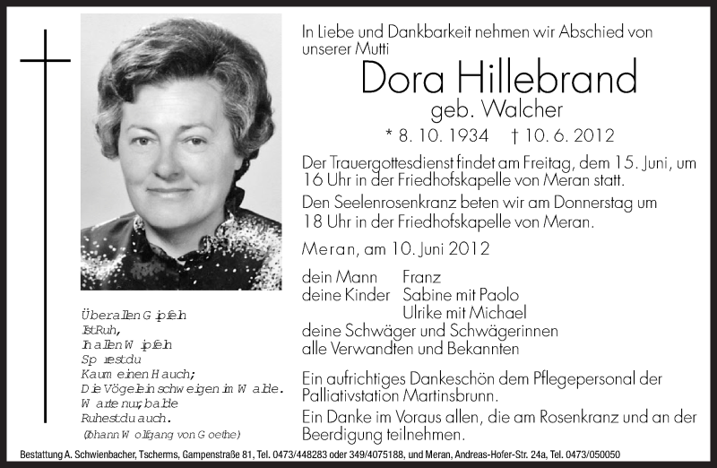  Traueranzeige für Dora Hillebrand vom 13.06.2012 aus Dolomiten