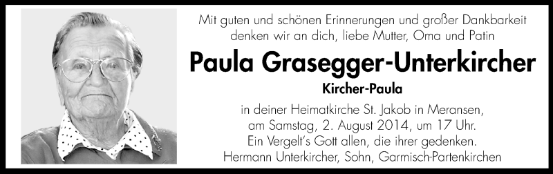  Traueranzeige für Paula Grasegger-Unterkircher vom 31.07.2014 aus Dolomiten