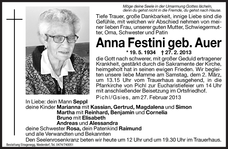  Traueranzeige für Anna Festini vom 01.03.2013 aus Dolomiten