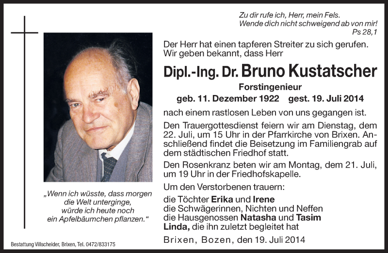  Traueranzeige für Bruno Kustatscher vom 21.07.2014 aus Dolomiten