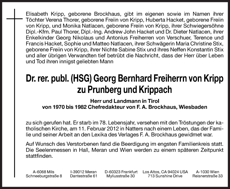  Traueranzeige für Georg Bernhard Freiherrn von Kripp zu Prunberg und Krippach vom 17.02.2012 aus Dolomiten