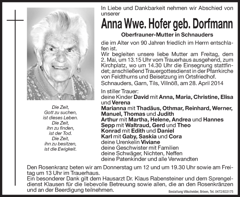  Traueranzeige für Anna Hofer vom 30.04.2014 aus Dolomiten