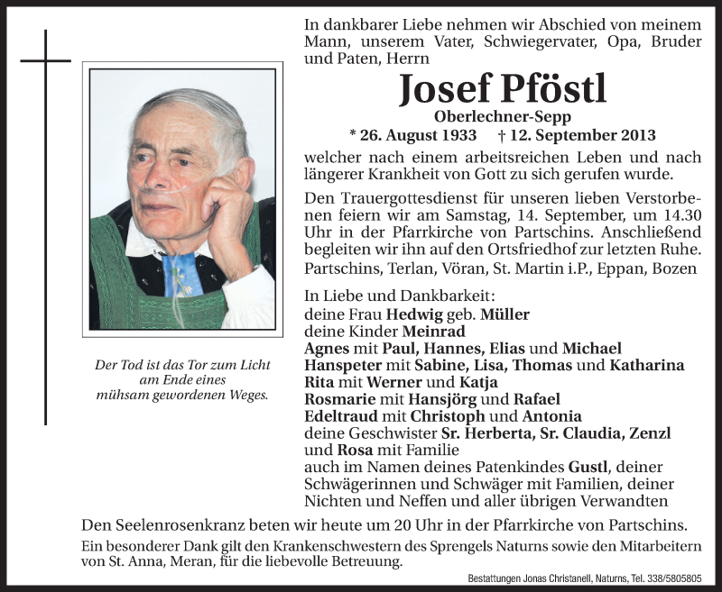  Traueranzeige für Josef Pföstl vom 13.09.2013 aus Dolomiten