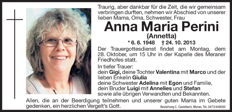  Traueranzeige für Anna Maria Perini vom 26.10.2013 aus Dolomiten