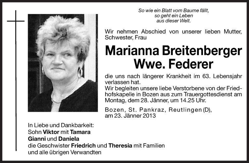  Traueranzeige für Marianna Federer vom 26.01.2013 aus Dolomiten