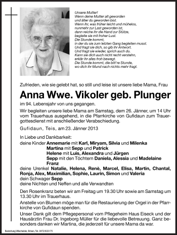 Traueranzeige von Anna Vikoler von Dolomiten
