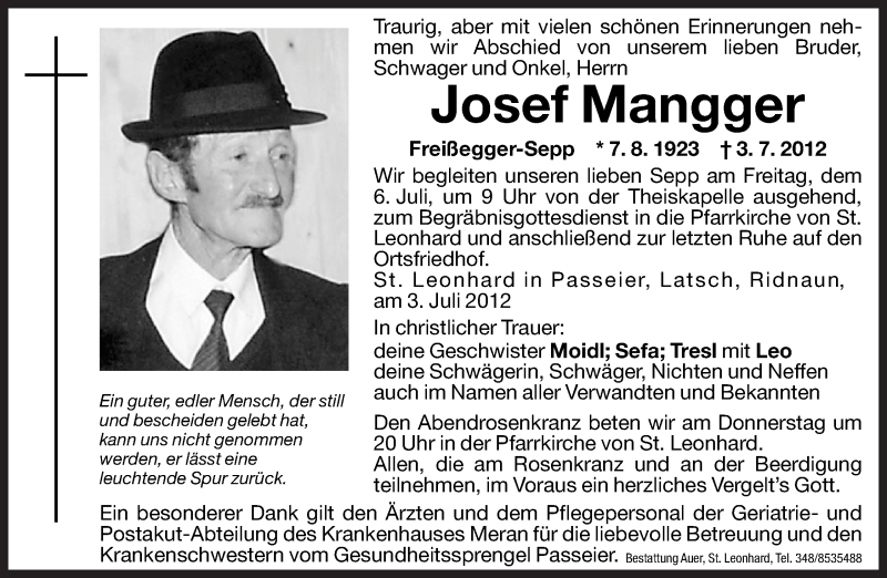  Traueranzeige für Josef Mangger vom 05.07.2012 aus Dolomiten