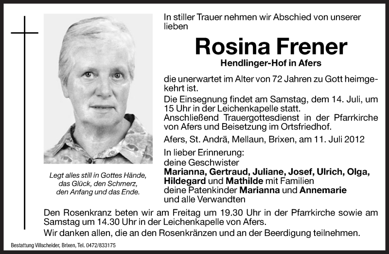  Traueranzeige für Rosina Frener vom 13.07.2012 aus Dolomiten