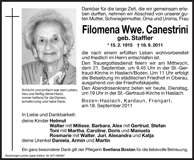  Traueranzeige für Filomena Canestrini vom 20.09.2011 aus Dolomiten