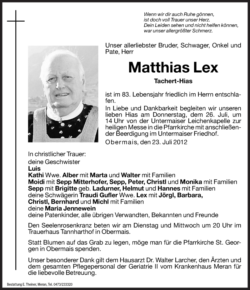  Traueranzeige für Matthias Lex vom 24.07.2012 aus Dolomiten