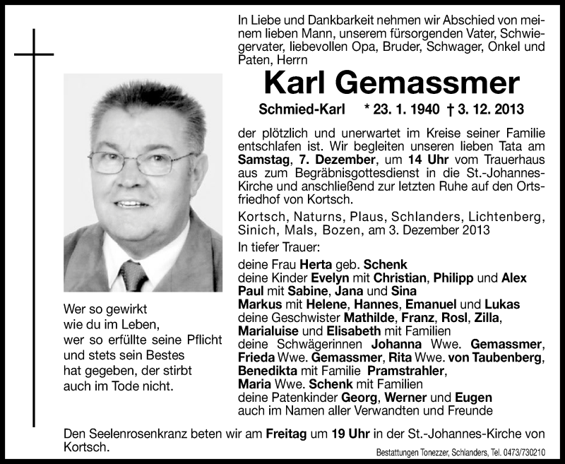 Traueranzeige für Karl Gemassmer vom 05.12.2013 aus Dolomiten