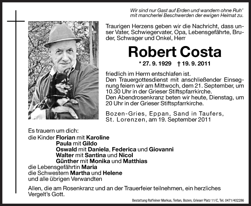  Traueranzeige für Robert Costa vom 20.09.2011 aus Dolomiten