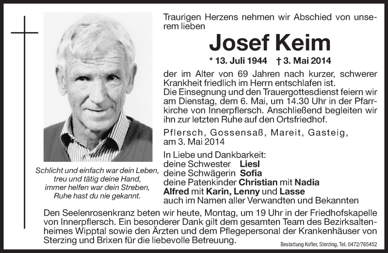  Traueranzeige für Josef Keim vom 05.05.2014 aus Dolomiten