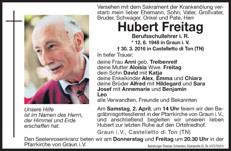  Traueranzeige für Hubert Freitag vom 31.03.2016 aus Dolomiten