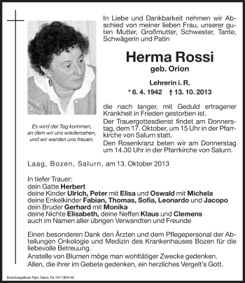 Traueranzeige von Herma Rossi von Dolomiten